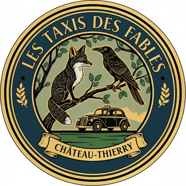 Emblème des Taxis des Fables : le renard, le corbeau et un taxi, à Château-Thierry